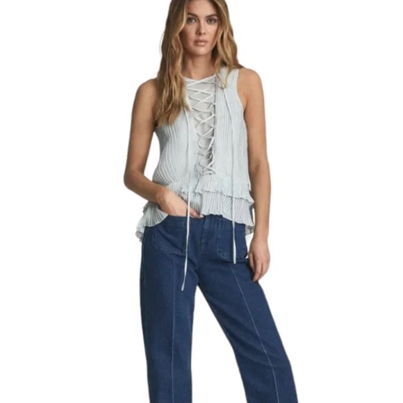 REISS Florrie Eyelet Detailed Sleeveless Blouse ruffled high low pleated tie - Picture 1 of 10